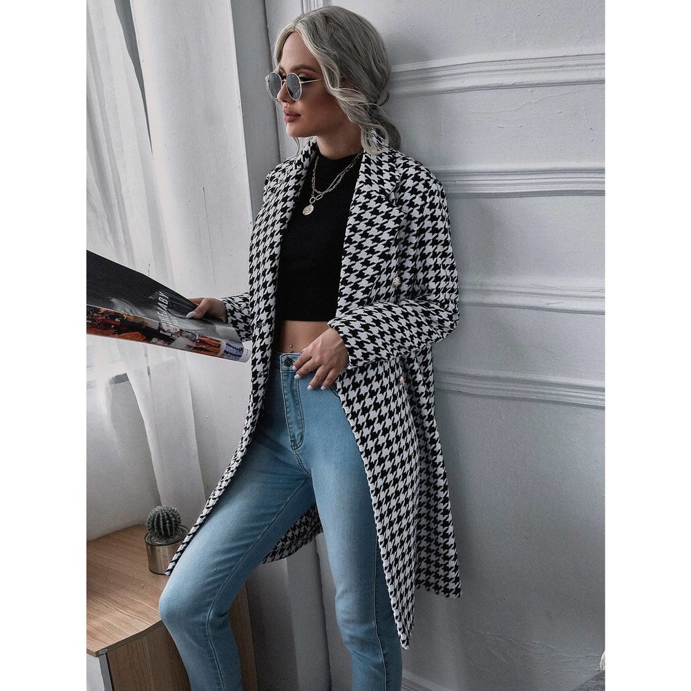 Houndstooth Long Pea Coat - Black & White